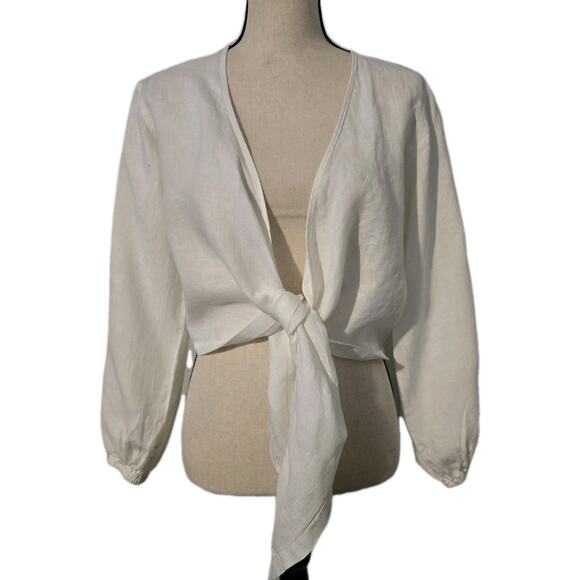 Women's Tribe Kelley Byron Bell Sleeve Linen Top Tie Front Eggshell White Sz XS - Picture 1 of 7